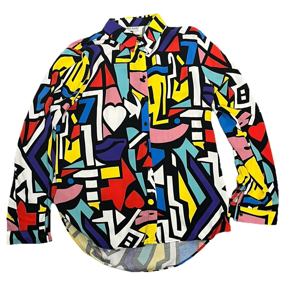 Big Dart Top Large Vintage Button Up Colorful‎ Abstract Art Haring Style Blouse